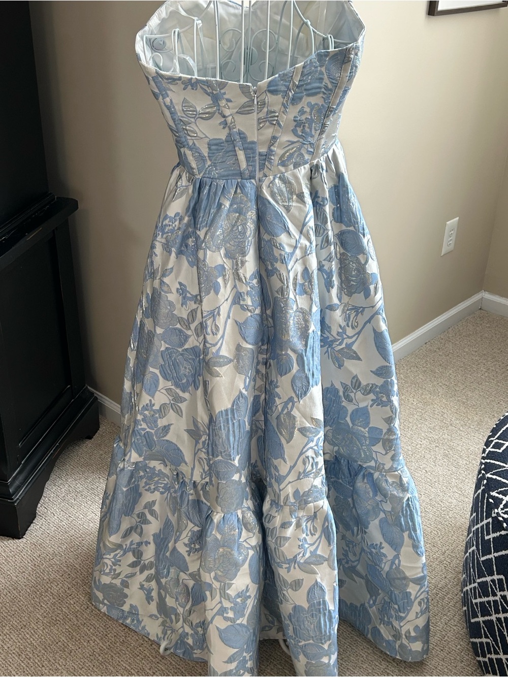 Women’s Blue Floral Strapless Gown Blue, white and silver size small - Picture 5 of 9